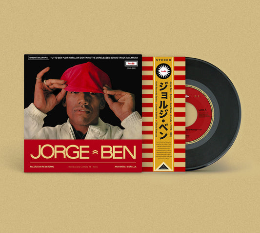 Vinilo Jorge Ben – Tutto Ben (Falcão), funda mostrando portada junto al disco 7" parcialmente fuera, label rojo visible con texto Lato A y detalles de edición La Matta Records.