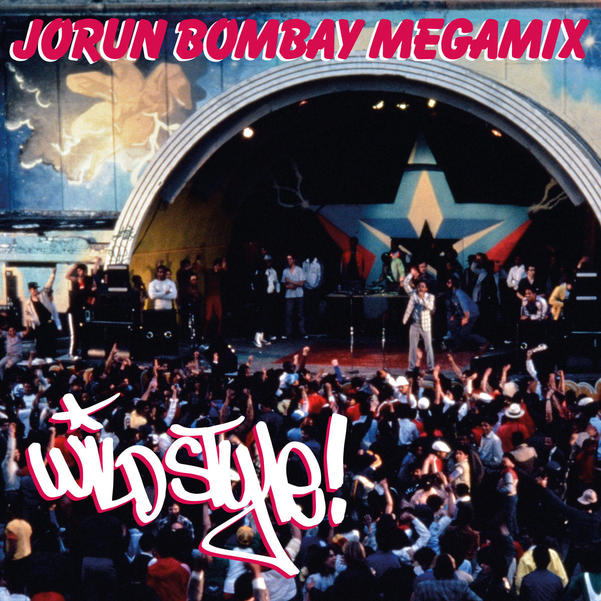 Portada del vinilo Jorun Bombay – Wildstyle! Megamix en sello Mr Bongo, con escena de concierto y graffiti clásico hip hop.