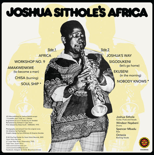Contraportada vinilo Joshua Sithole – Joshua Sithole's Africa LP reedición Voom Voom Records, foto músico y listado de temas.