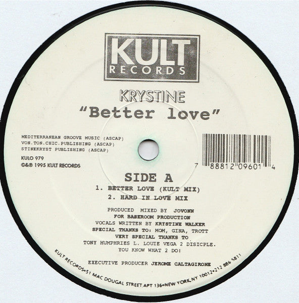 Disco lado A del vinilo "Better Love" de Jovonn feat. Krystine (Kult Records, 12"). Incluye el "Kult Mix" y el "Hard In Love Mix", con créditos de producción y agradecimientos.