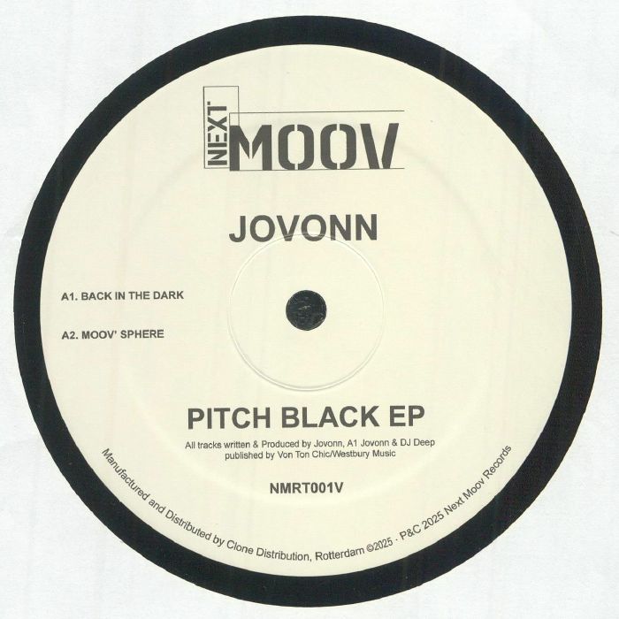 Portada delantera del vinilo Jovonn – Pitch Black EP editado por Next Moov Records, 12" reedición. Incluye los temas A1. Back In The Dark y A2. Moov' Sphere.