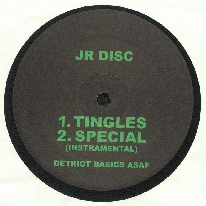 Portada delantera del vinilo JR Disc – Thrust publicado por Detroit Basics en formato 12". Incluye la lista de canciones del lado A con "Tingles" y "Special (Instrumental)". Texto impreso: "JR Disc", "Detroit Basics ASAP".