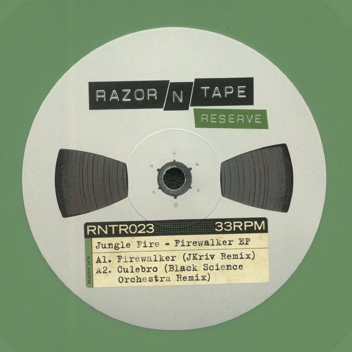 Etiqueta central del vinilo verde Jungle Fire – Firewalker EP con remixes de JKriv y Black Science Orchestra en el lado A