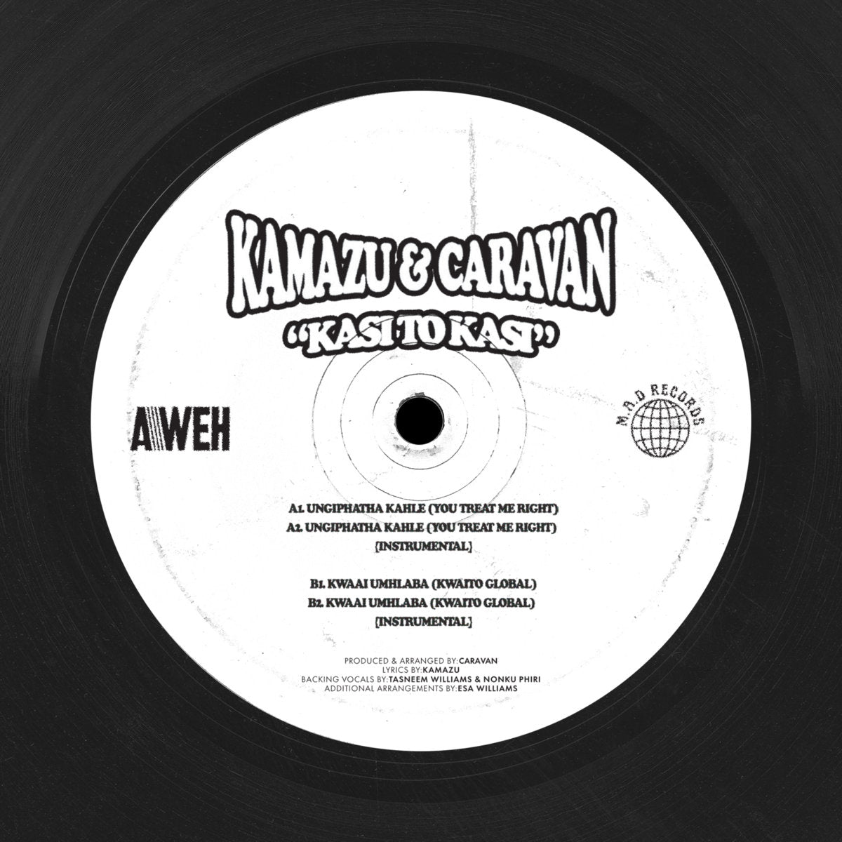 Etiqueta central lado B del vinilo Kamazu & Caravan – Ungiphatha Kahle, con pistas Kwaai Umhlaba y detalles de edición.