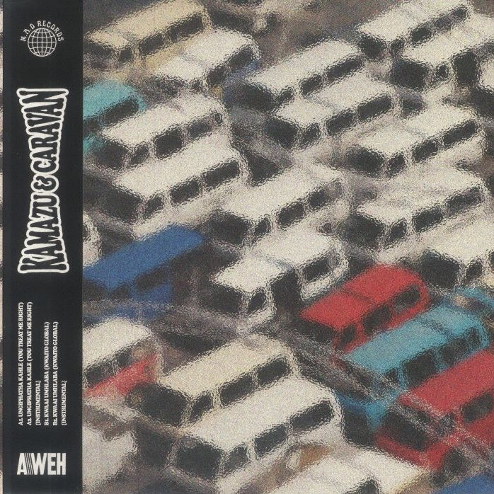 Vinilo Kamazu & Caravan – Ungiphatha Kahle con portada colorida de combis en tránsito urbano, edición M.A.D Records 12".