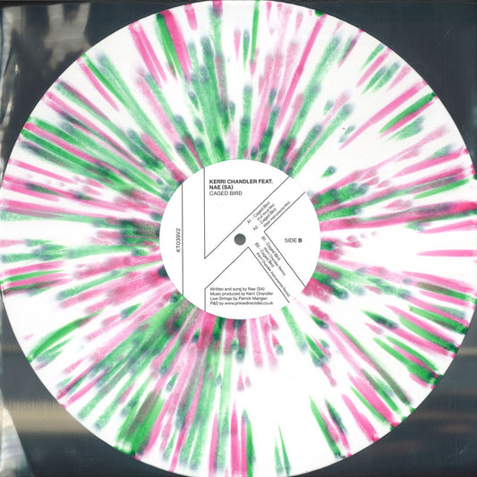 Lado B del vinilo Kerri Chandler Feat. Nae (SA) – Caged Bird en formato 12", con créditos, listado de pistas y diseño salpicado blanco.