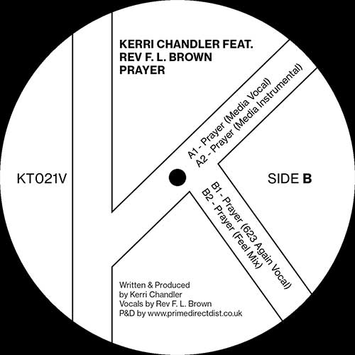 Etiqueta del lado B del vinilo Kerri Chandler Feat. Rev F. L. Brown – Prayer (Kaoz Theory 12"), mostrando lista de pistas, créditos de producción y número de catálogo KT021V.