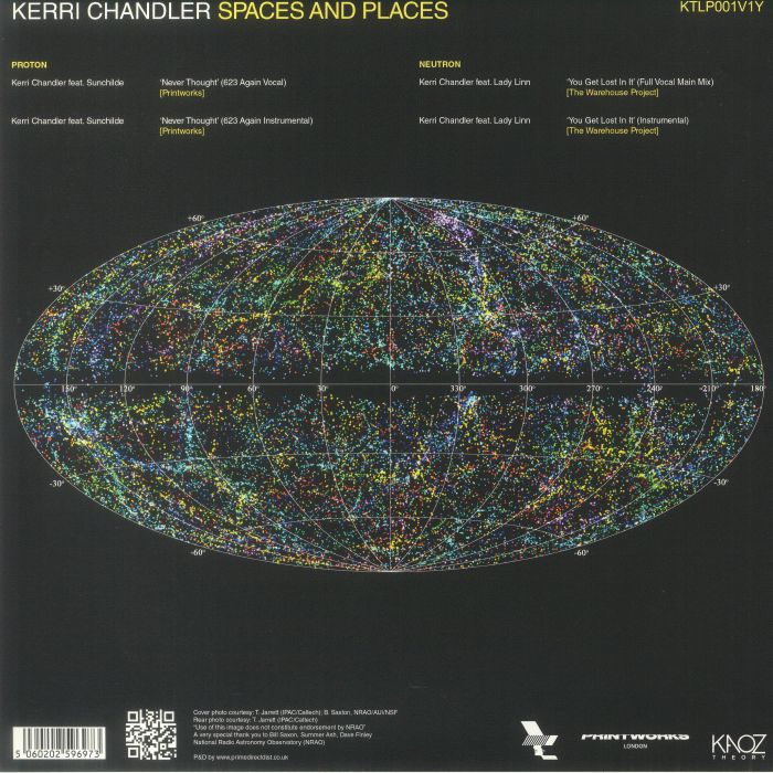 Portada trasera del vinilo de Kerri Chandler "Spaces And Places (Album Sampler Part 1)". Incluye lista de canciones y créditos.