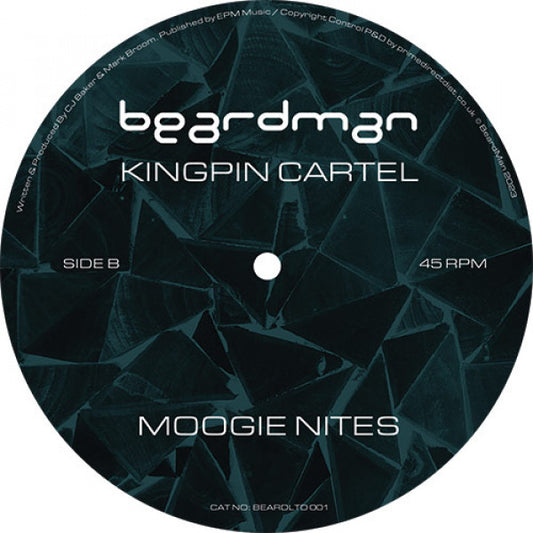 Etiqueta central lado B del vinilo 12" Kingpin Cartel – Ghetto en el sello Beard Man, con diseño fractal oscuro, información de pista Moogie Nites, velocidad 45 RPM y número de catálogo BEARLTD001.