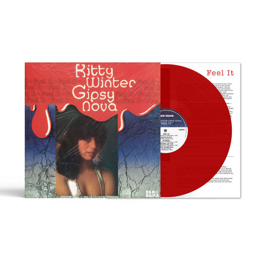 Portada y vinilo rojo del LP Feel It de Kitty Winter Gipsy Nova. Se muestra el insert con letras.