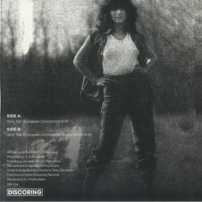 Portada trasera del vinilo "Klein & M.B.O. - Dirty Talk" (Discoring Records, 12" blanco). Incluye lista de canciones, créditos y detalles del sello.