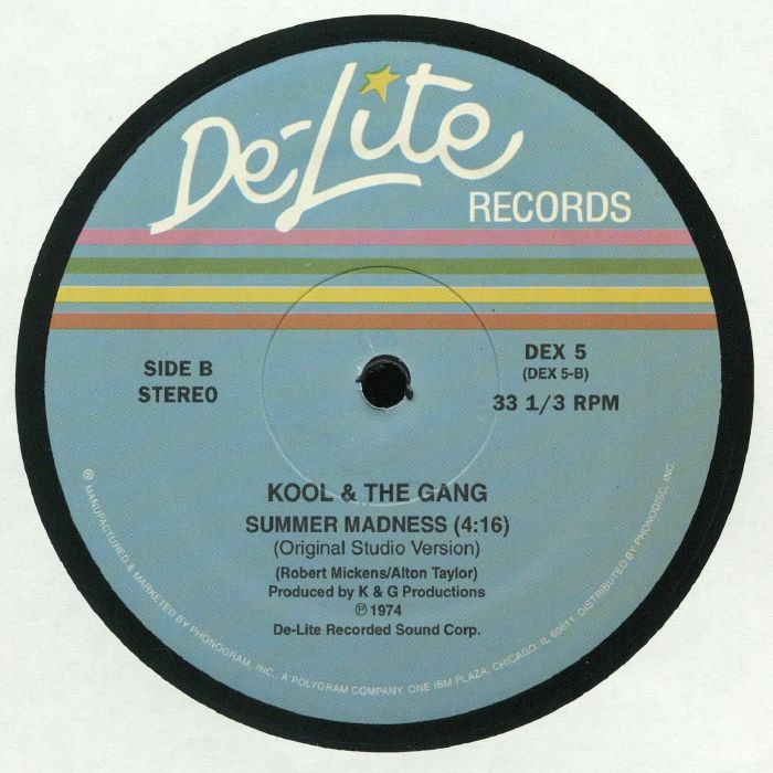Etiqueta central del lado B del vinilo Kool & The Gang – Get Down On It / Summer Madness, con detalles de “Summer Madness (4:16)” y créditos de producción.