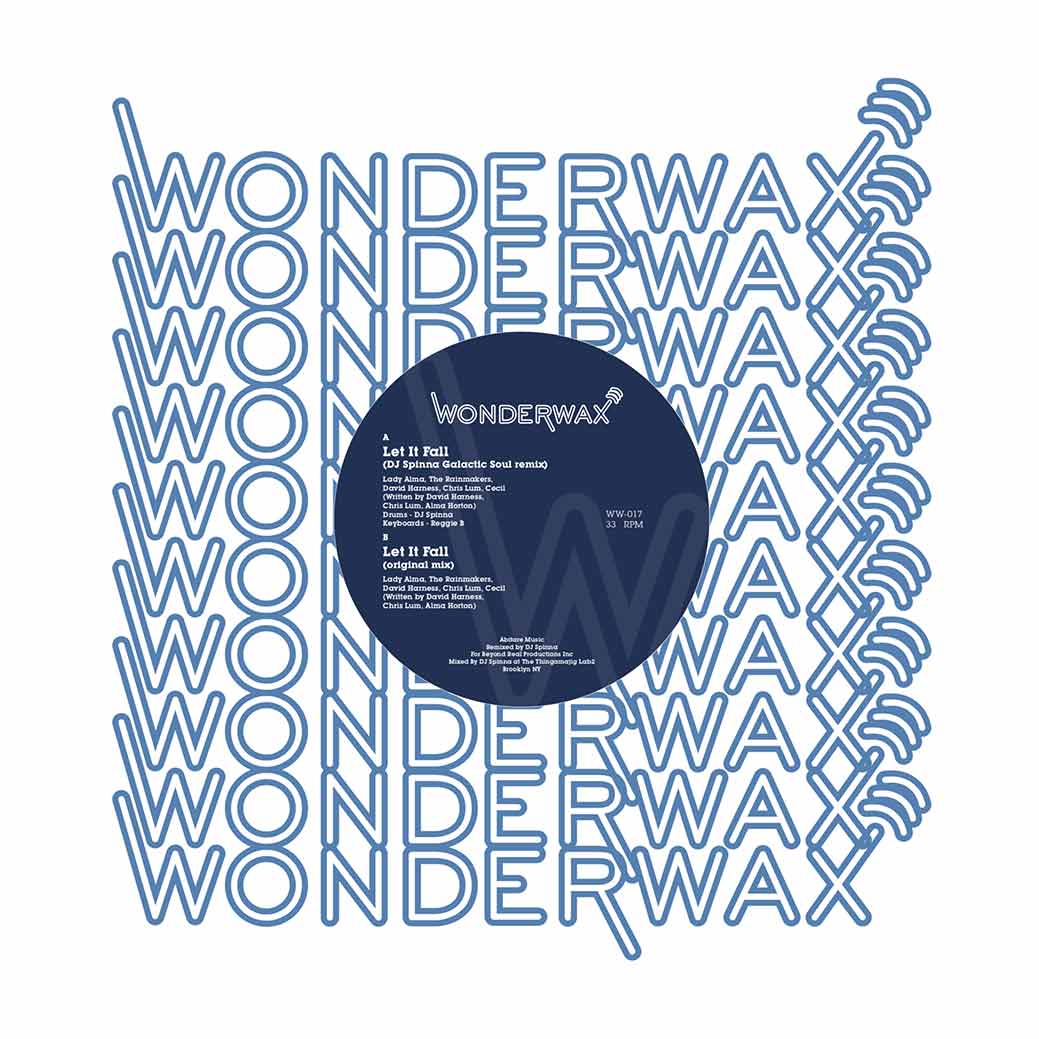 Funda del vinilo Lady Alma & The Rainmakers – Let It Fall editado por Wonderwax en formato 12" reimpresión, con diseño gráfico repetitivo en azul y logo central.