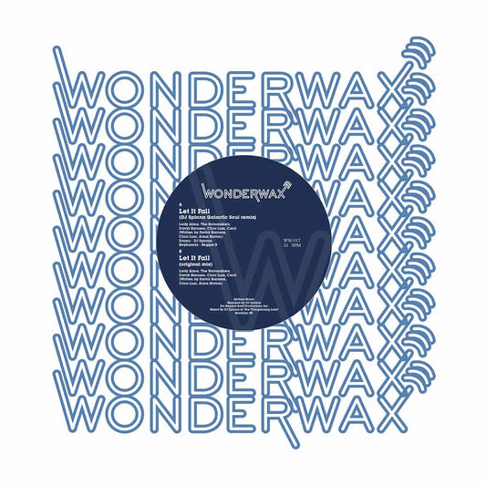 Funda del vinilo Lady Alma & The Rainmakers – Let It Fall editado por Wonderwax en formato 12" reimpresión, con diseño gráfico repetitivo en azul y logo central.