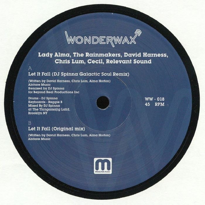 Etiqueta central del vinilo Lady Alma & The Rainmakers – Let It Fall en Wonderwax, 12" reimpresión, con créditos, catálogo WW-017 y remixes de DJ Spinna.