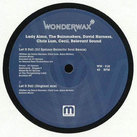 Etiqueta central del vinilo Lady Alma & The Rainmakers – Let It Fall en Wonderwax, 12" reimpresión, con créditos, catálogo WW-017 y remixes de DJ Spinna.