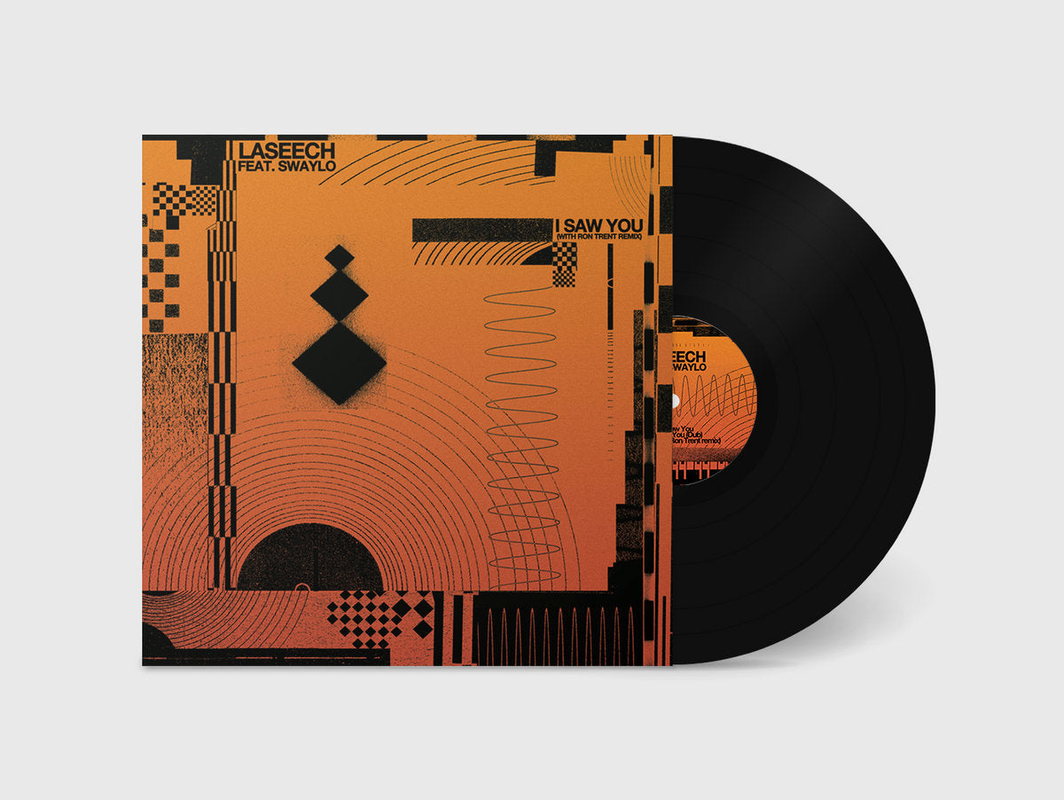 Vinilo 12" edición limitada Laseech Feat. Swaylo – I Saw You parcialmente extraído de su funda con portada geométrica naranja y negra.