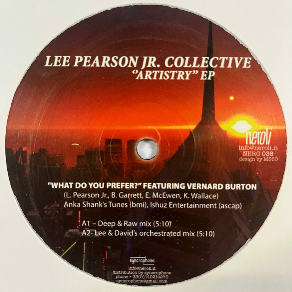 Etiqueta central del vinilo Lee Pearson Jr. Collective – Artistry EP en formato 12" de Neroli, lado A con “What Do You Prefer?” en dos mezclas, créditos y catálogo NERO 038.