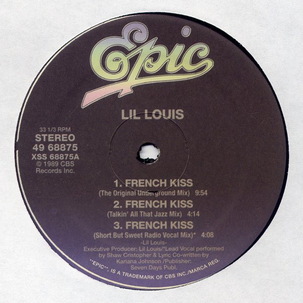 Portada delantera del vinilo Lil Louis – French Kiss, lanzado por Epic en formato 12". Diseño clásico con el icónico logo de Epic en la parte superior.