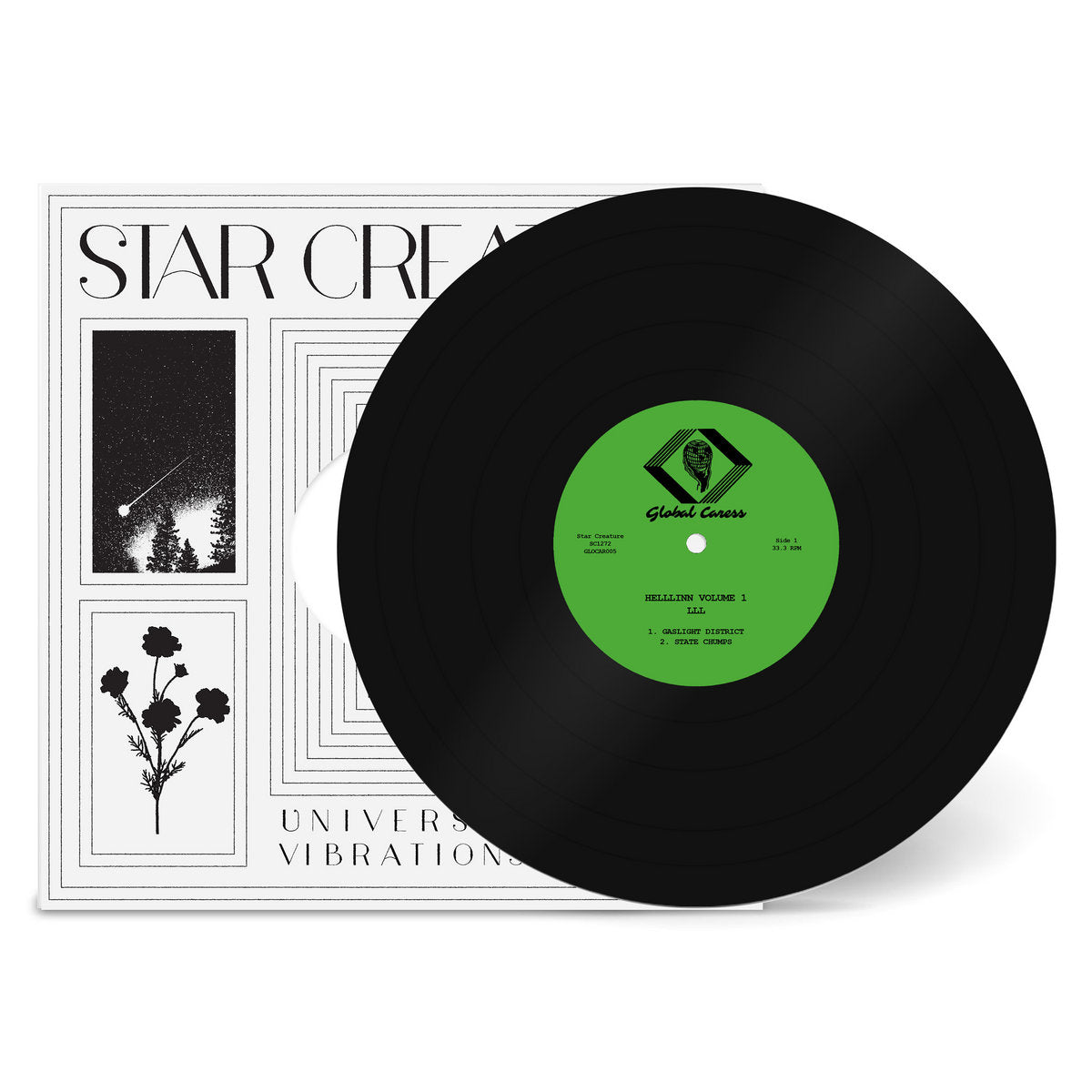 Portada del vinilo 12" LLL – Helllinn Volume 1 en Star Creature, funda blanca con arte minimalista en blanco y negro y disco parcialmente visible.