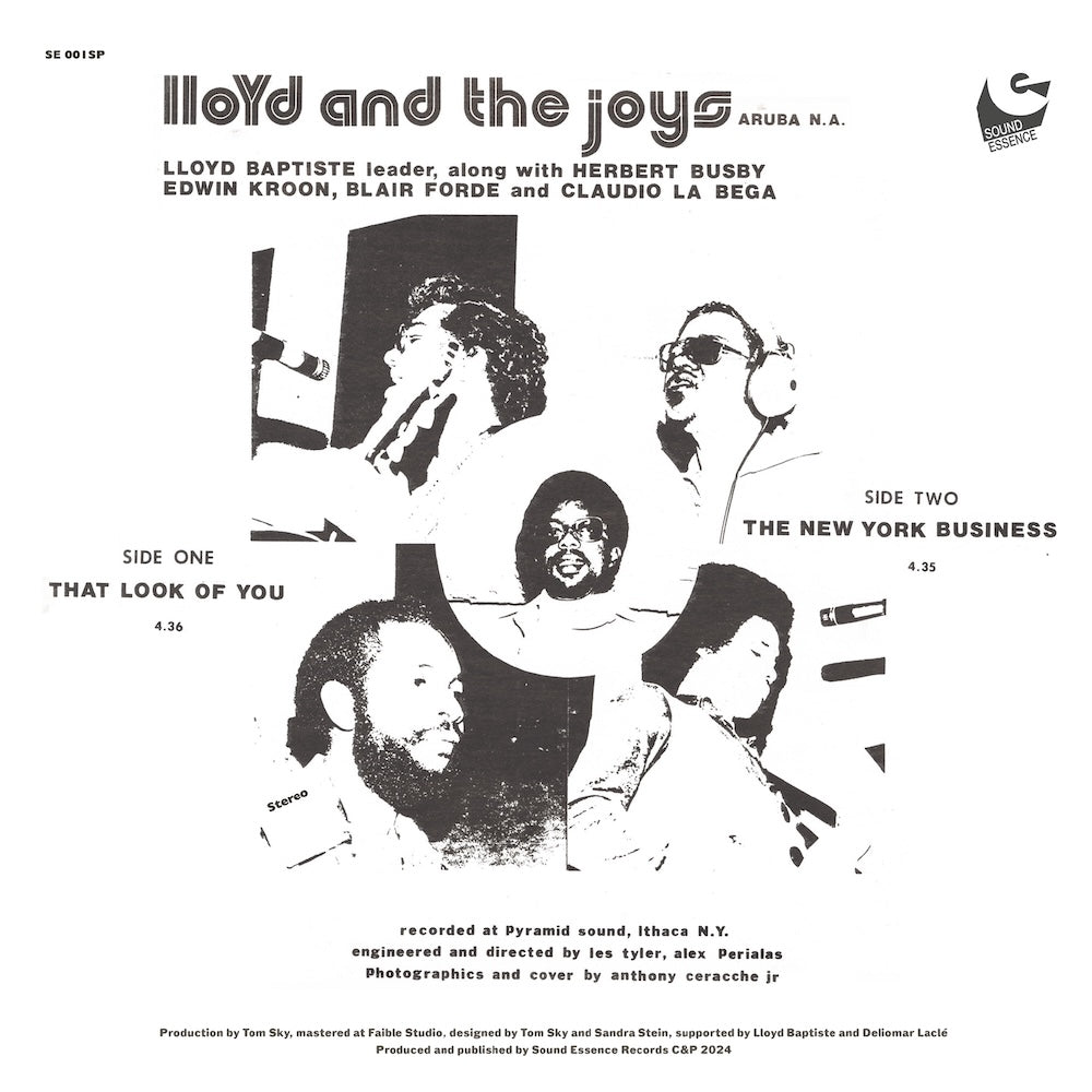 Contraportada del vinilo Lloyd And The Joys – That Look Of You / The New York Business, lanzado por Sound Essence en formato 7". Incluye créditos, lista de canciones y fotos en blanco y negro.