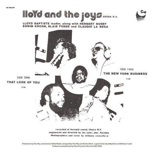 Contraportada del vinilo Lloyd And The Joys – That Look Of You / The New York Business, lanzado por Sound Essence en formato 7". Incluye créditos, lista de canciones y fotos en blanco y negro.