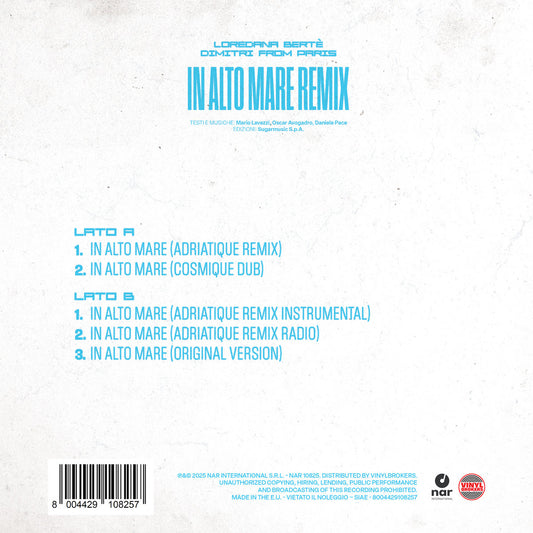 Contraportada del vinilo Loredana Bertè – In Alto Mare (Remix), con créditos, sello Nar y tracklist completo en azul.