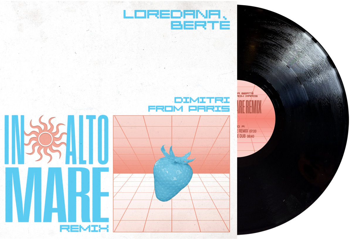 Vinilo 12" de Loredana Bertè – In Alto Mare (Remix) parcialmente deslizado desde su funda con arte en rojo y celeste.