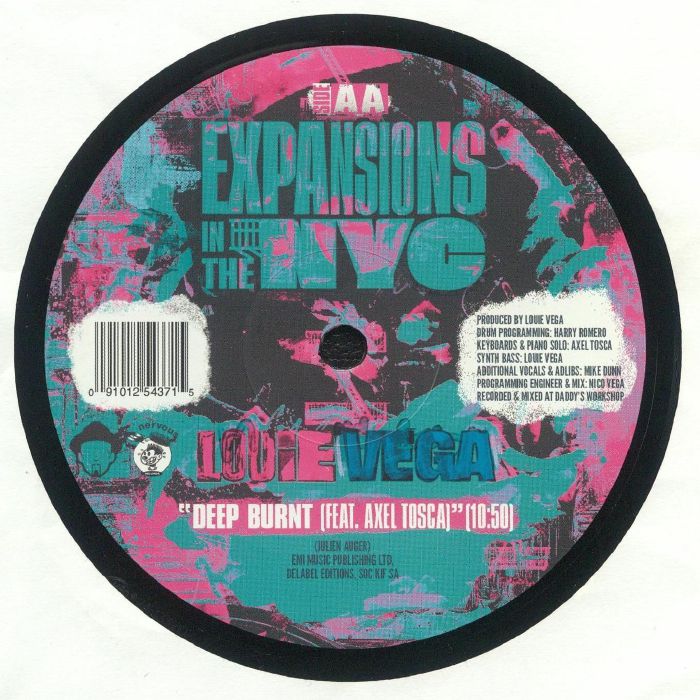 Portada trasera del vinilo 12" reimpresión de Louie Vega con Deep Burnt, editado por Nervous Records. Texto impreso: créditos y sello.