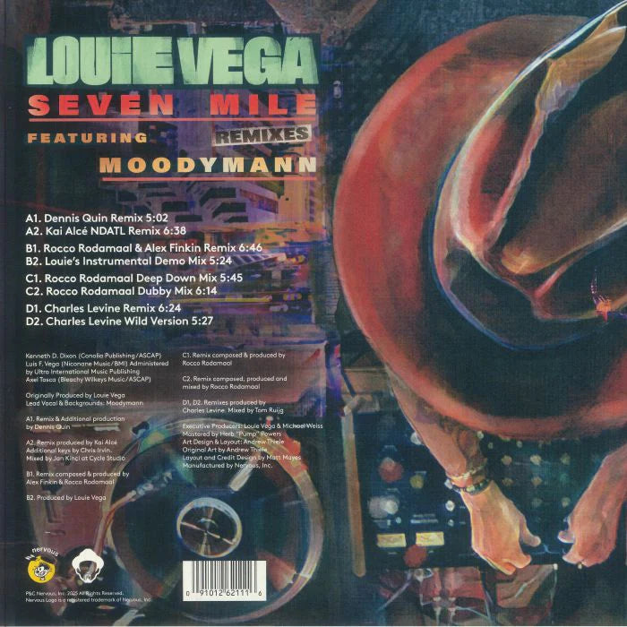 Contraportada del vinilo Louie Vega Feat. Moodymann – Seven Mile (Remixes) con listado completo de pistas y créditos visibles.