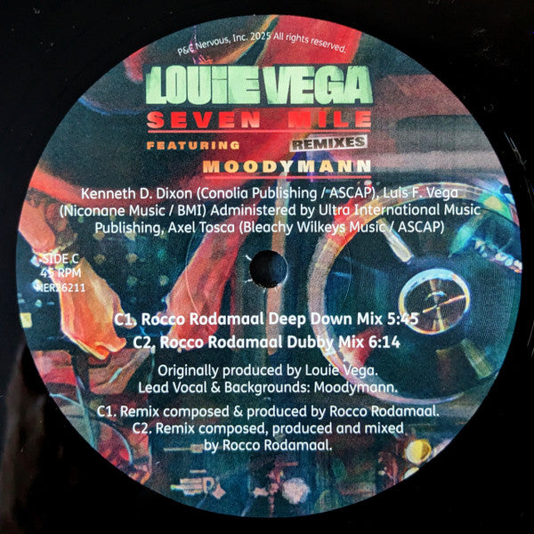 Etiqueta del lado C del vinilo Louie Vega Feat. Moodymann – Seven Mile (Remixes) con dos versiones deep & dubby de Rocco Rodamaal.