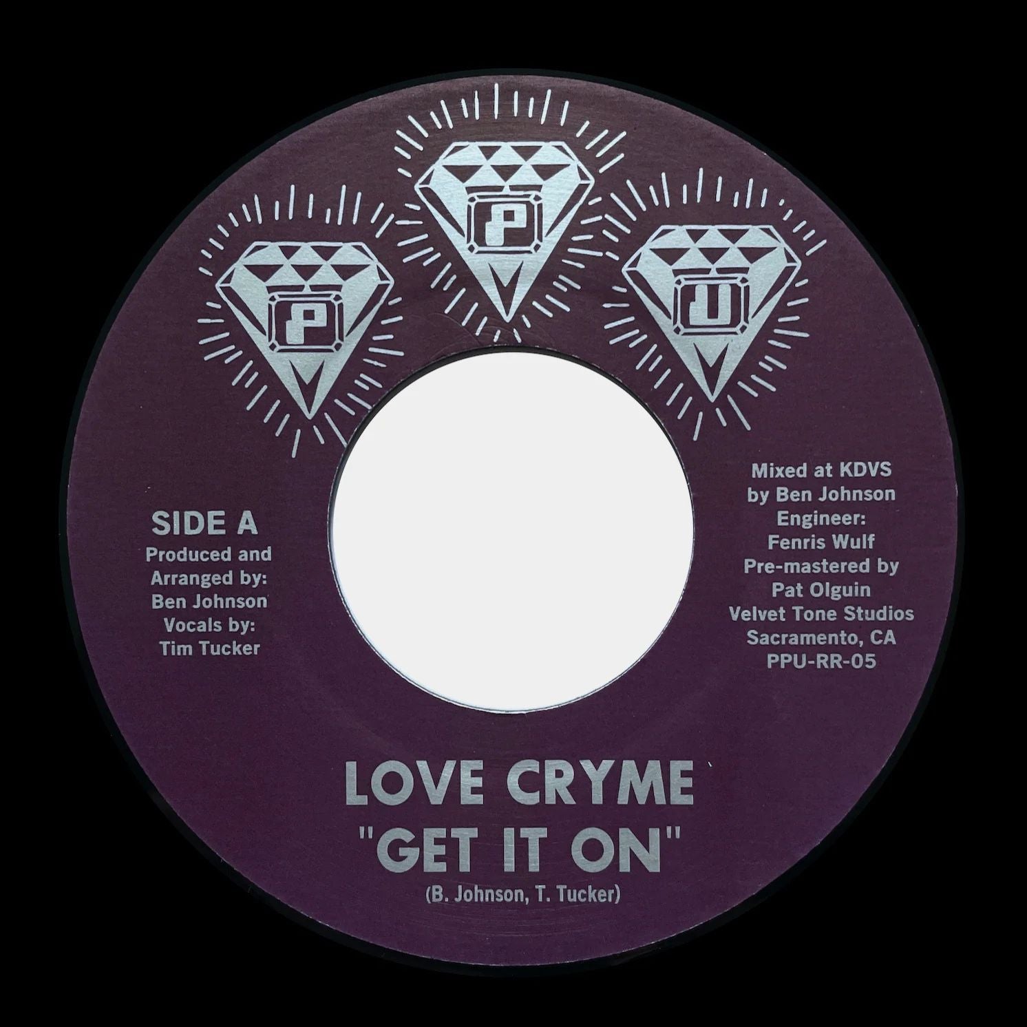 Etiqueta central del lado A del vinilo Love Cryme – Get It On, con créditos de producción, vocales y arte del sello Peoples Potential Unlimited.