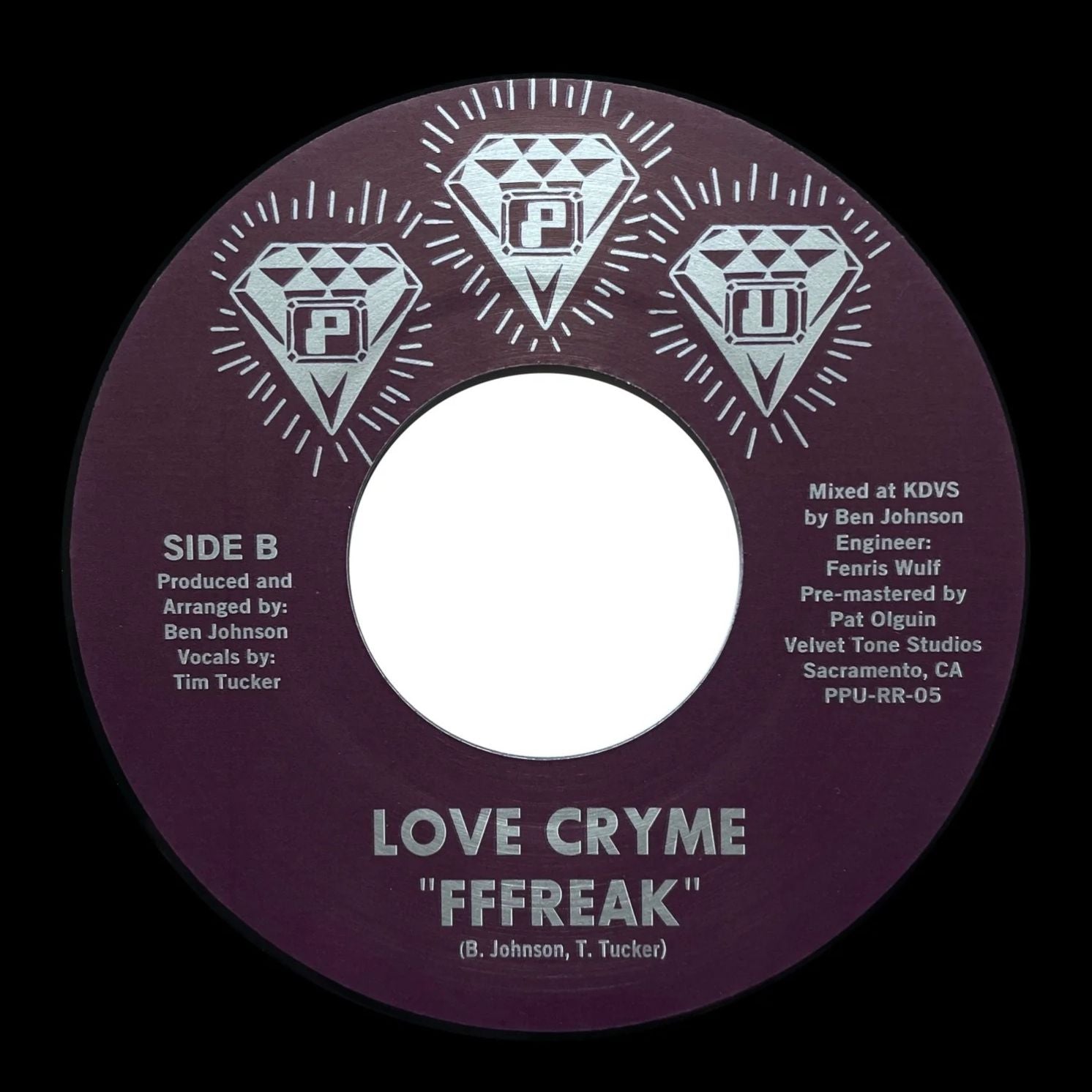 Etiqueta del lado B del vinilo Love Cryme – Get It On, muestra título “FFFREAK” junto a créditos y arte gráfico de Peoples Potential Unlimited.