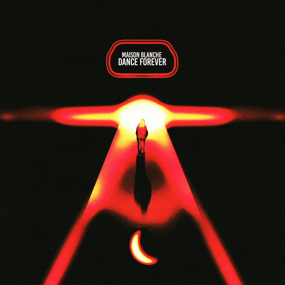 Contraportada del vinilo Maison Blanche – What A Time! (Pont Neuf Records, 12"), con una figura solitaria bajo un haz de luz roja intensa y un diseño minimalista que refleja el espíritu del dance moderno.