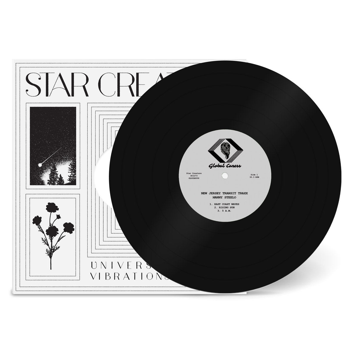 Portada del vinilo Manny Steelo – New Jersey Transit Traxx 12" de Star Creature con funda Universal Vibrations en blanco y negro y el disco parcialmente fuera.
