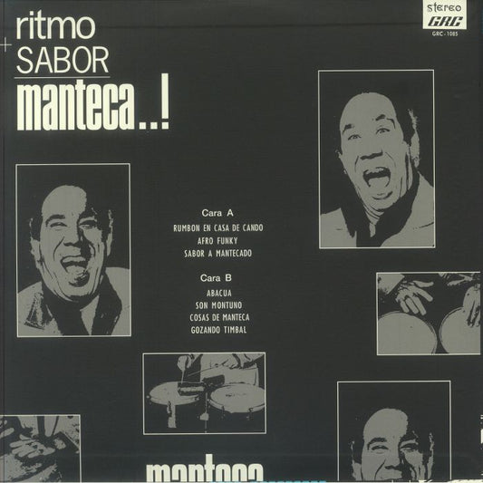 Contraportada del vinilo Manteca – Ritmo Y Sabor, reedición publicada por el sello Mr Bongo. Cara A y B impresas con lista de temas.