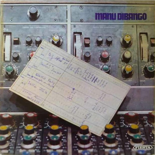Contraportada del vinilo Manu Dibango – Afrovision, LP Fiesta, mostrando consola vintage, tarjeta de sesión escrita a mano y logo del artista.