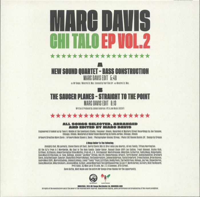 Portada trasera del vinilo Marc Davis – Chi Talo EP Volume 2, publicado por Mr Bongo en 12". Incluye la lista de canciones, créditos de producción y agradecimientos.