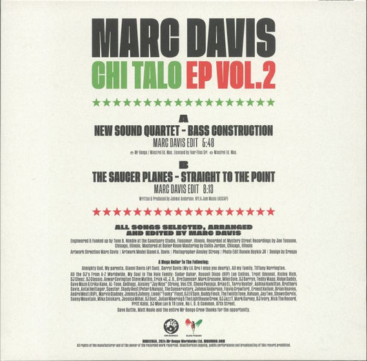 Portada trasera del vinilo Marc Davis – Chi Talo EP Volume 2, publicado por Mr Bongo en 12". Incluye la lista de canciones, créditos de producción y agradecimientos.