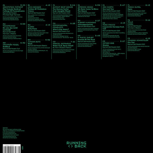 Contraportada del vinilo Marcel Dettmann – Running Back Mastermix: Marcel Dettmann Edits+Cuts mostrando listado de temas, créditos y sello Running Back en edición 3 x LP.