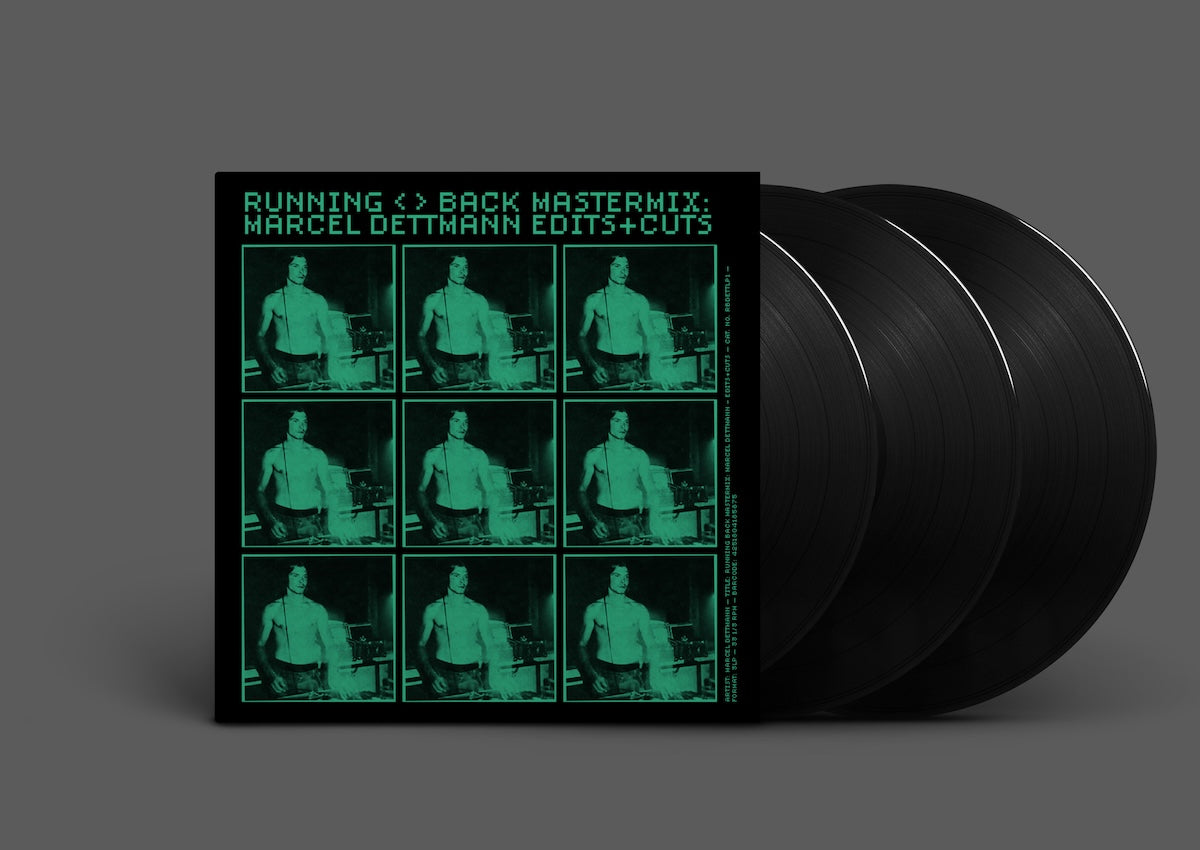 Vista del vinilo Marcel Dettmann – Running Back Mastermix: Marcel Dettmann Edits+Cuts con portada y los tres LPs negros parcialmente extraídos, resaltando el formato triple.