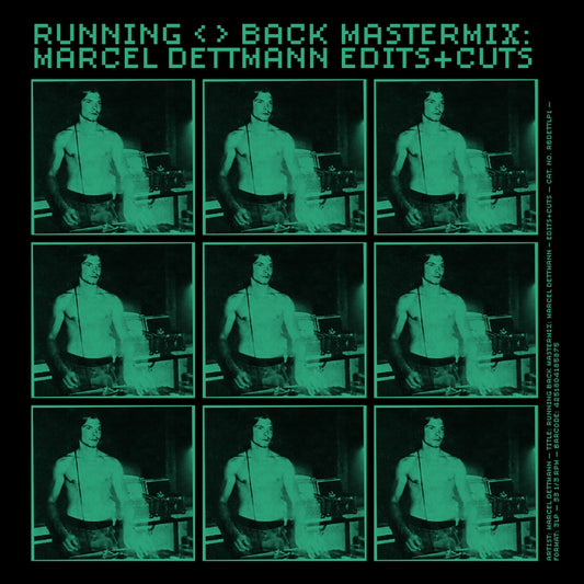 Portada en verde y negro del vinilo Marcel Dettmann – Running Back Mastermix: Marcel Dettmann Edits+Cuts con diseño retro pixelado y estética techno.