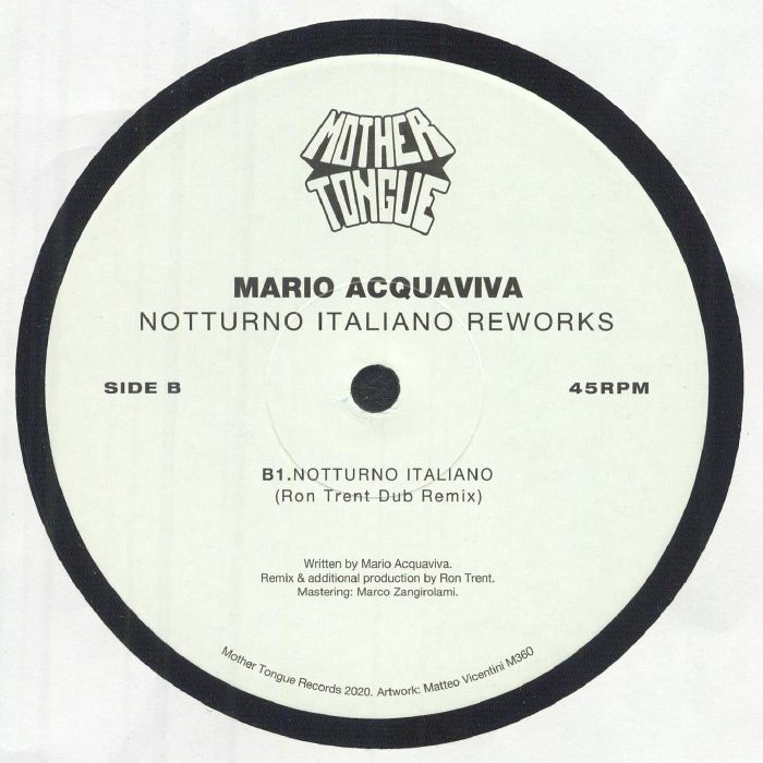 Etiqueta central lado B del vinilo 12" Mario Acquaviva – Notturno Italiano Reworks editado por Mother Tongue Records con remix dub de Ron Trent.