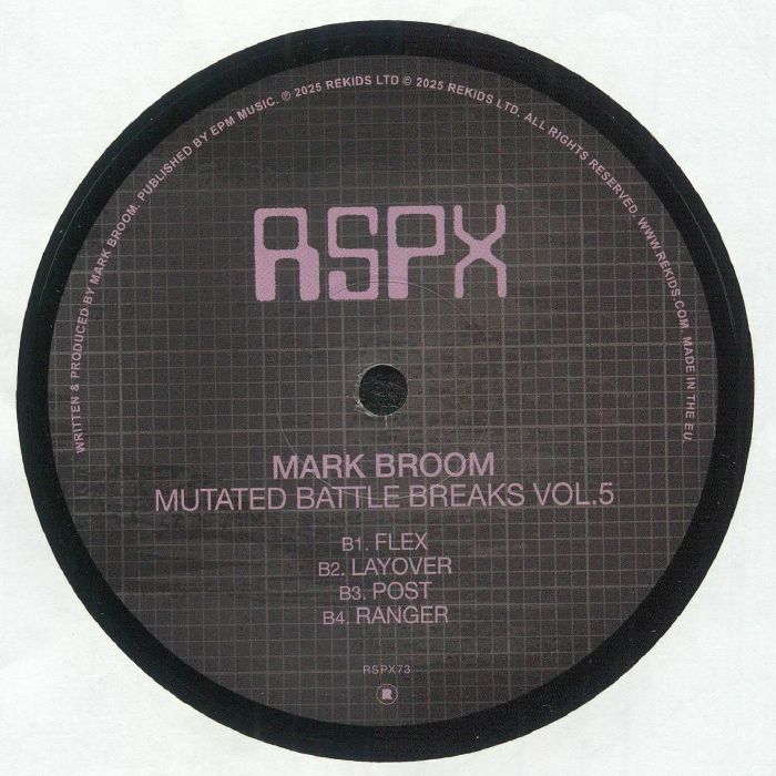 Portada trasera del vinilo "Mark Broom – Mutated Battle Breaks Vol. 5", publicado por Rekids Special Projects en 12". Lista de canciones y créditos en diseño oscuro con tipografía geométrica.