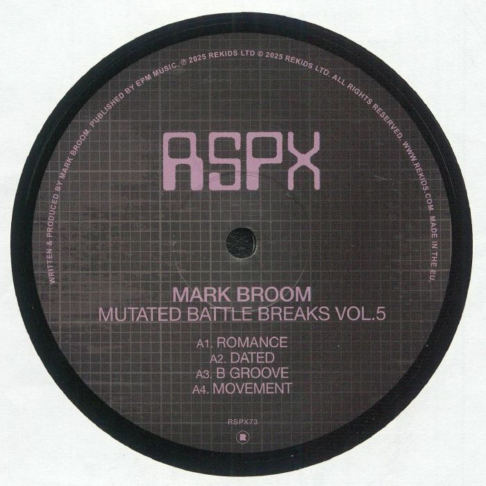 Portada delantera del vinilo "Mark Broom – Mutated Battle Breaks Vol. 5", lanzado por Rekids Special Projects en formato 12". Diseño minimalista con detalles en tipografía rosa.