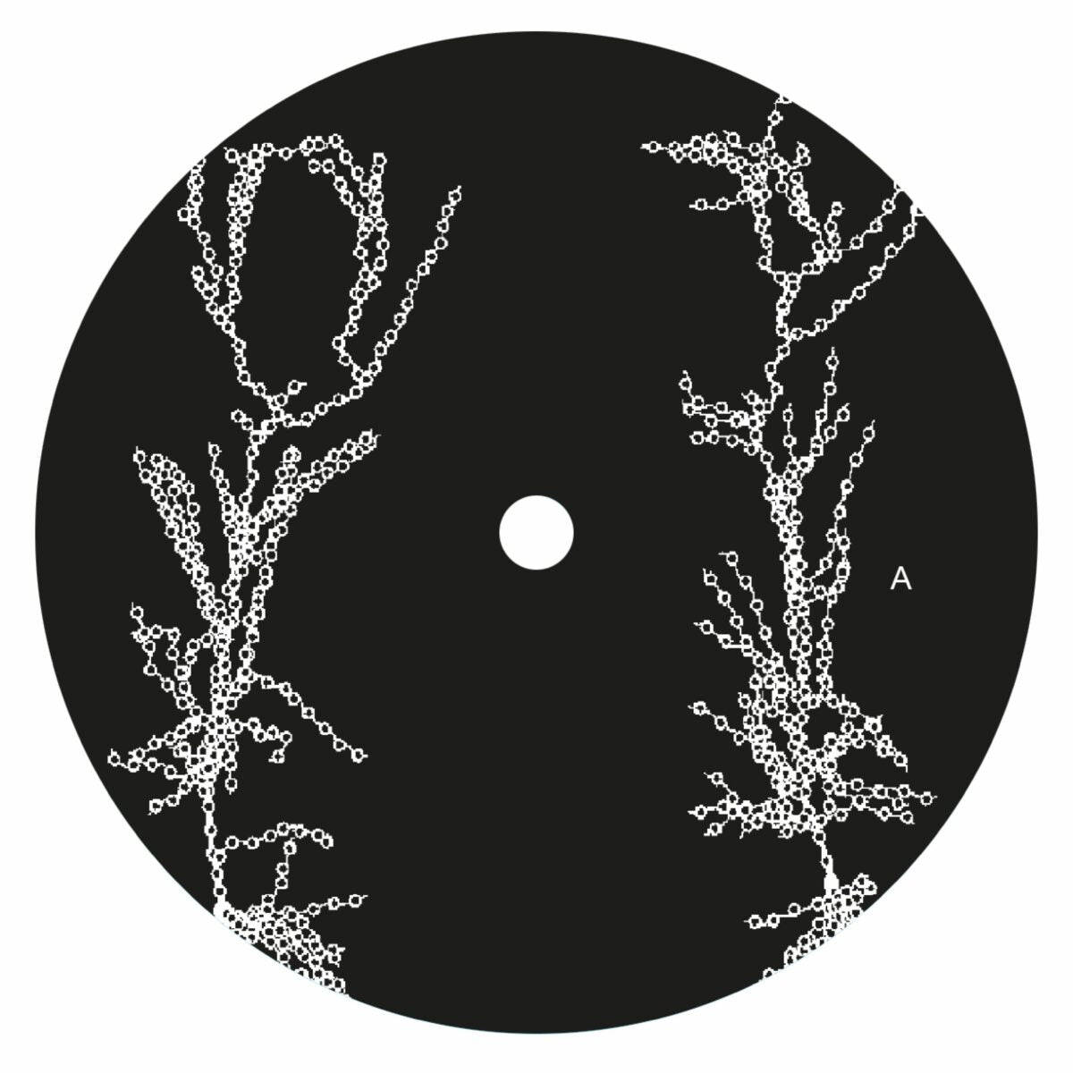 Etiqueta central lado A del vinilo Mark Grusane – HEAT04 en 12", arte geométrico blanco sobre negro con créditos de Heat.