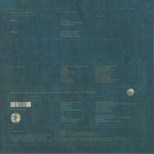 Portada trasera del vinilo con créditos, lista de canciones y detalles de grabación. Texto impreso: Picture This, Mark Millington, Albert's Favourites.