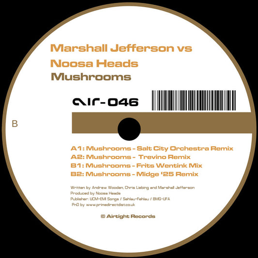 Etiqueta lado B del vinilo Marshall Jefferson vs Noosa Heads – Mushrooms (12", reedición Airtight), incluye remixes y créditos visibles con catálogo AIR-046.