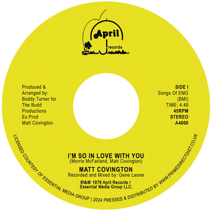 Etiqueta central amarilla del lado A del vinilo 7" de Matt Covington – I'm So In Love With You con título, créditos, duración 4:48 y sello April Records