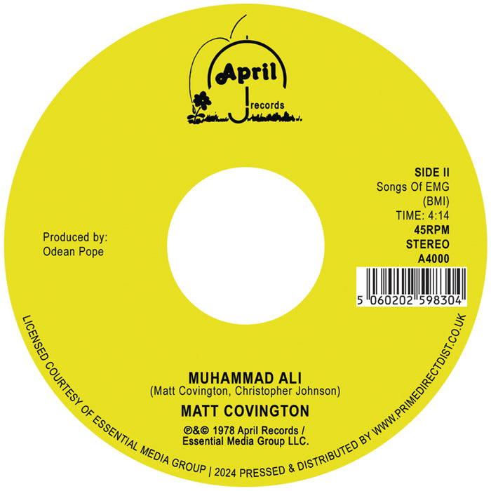 Etiqueta central amarilla del lado B del vinilo 7" de Matt Covington – I'm So In Love With You con pista Muhammad Ali, créditos, duración 4:14 y logo April Records